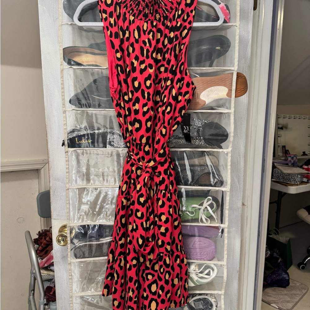 New York & Company Pink Leopard Backless Dress
